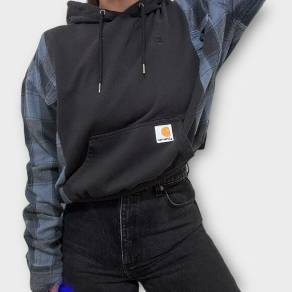 Carhartt Reworked Upcycled Two Tone Blue Plaid Black Sweater Hoodie Sweatshirt - Picture 1 of 4
